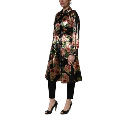 Dolce & Gabbana Black Floral Belted Polyester Trench Coat Jacket