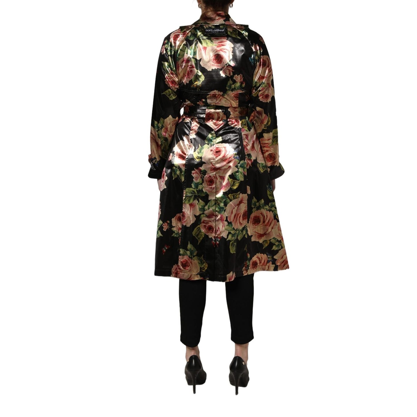Dolce & Gabbana Black Floral Belted Polyester Trench Coat Jacket