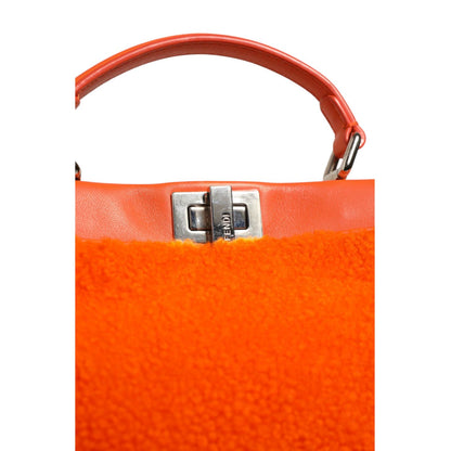 Fendi Orange Leather and Shearling Mini Peekaboo Top Handle Bag