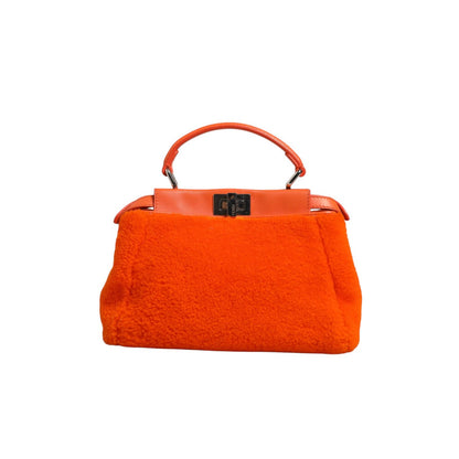 Fendi Orange Leather and Shearling Mini Peekaboo Top Handle Bag