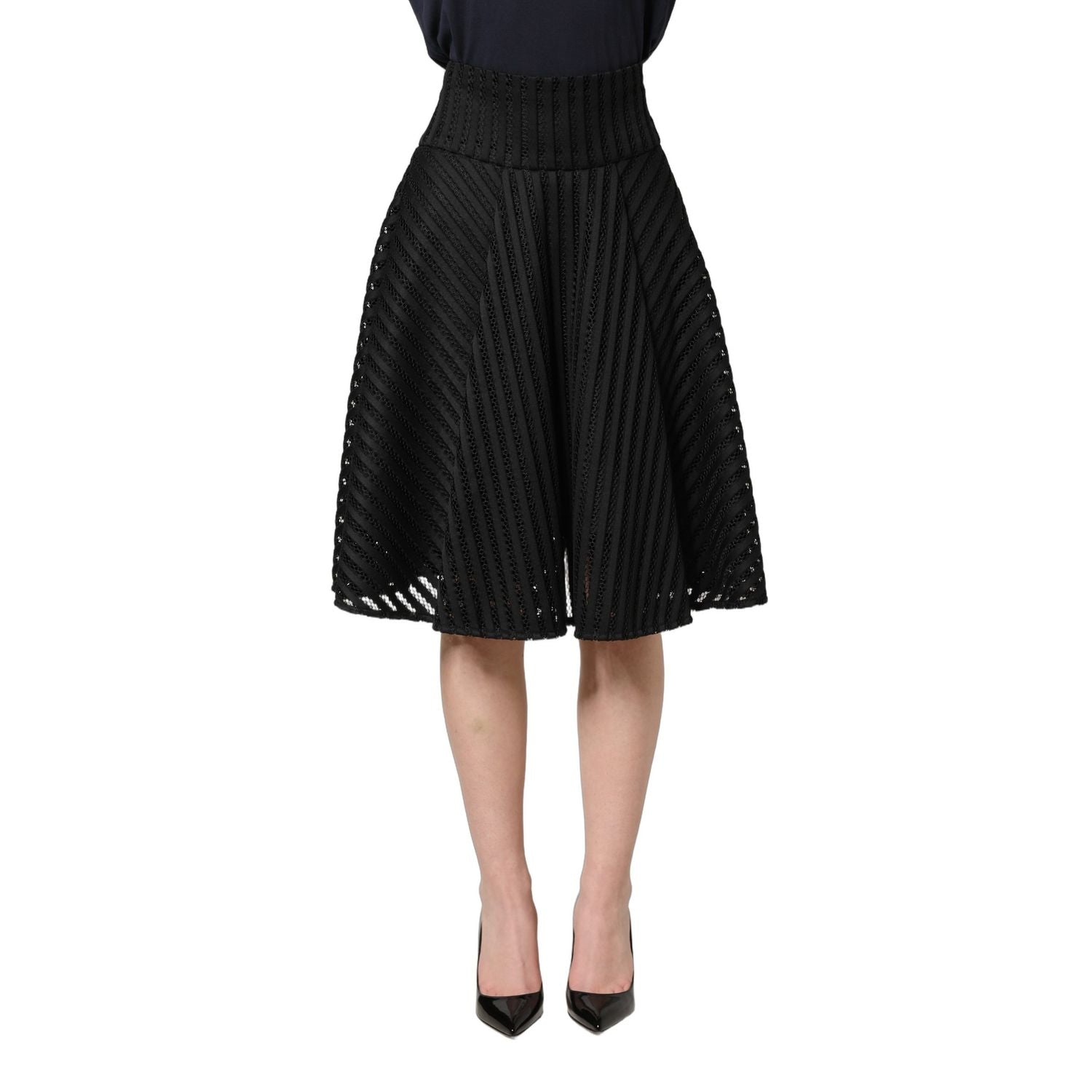 PINKO Cotton Striped Flared Silhouette Aline Midi Black