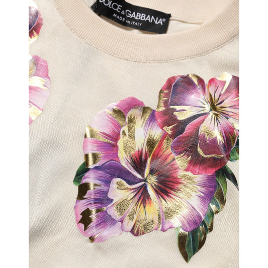 Dolce & Gabbana Beige Floral Print Silk CrewNeck Pullover Top