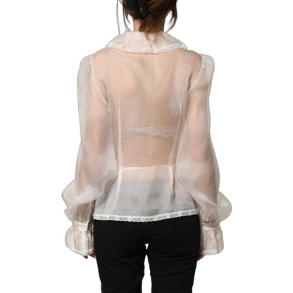 Dolce & Gabbana White Ruffled Sheer Silk Buttoned Blouse Top