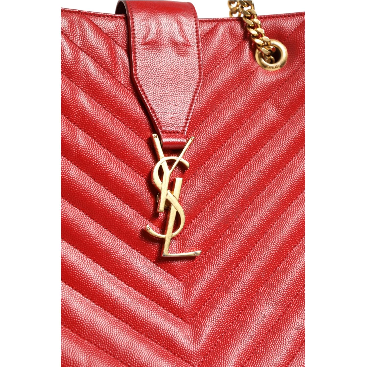 Saint Laurent Red Chevron Quilted Grained Leather Monogram Tote Bag
