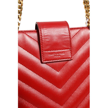 Saint Laurent Red Chevron Quilted Grained Leather Monogram Tote Bag