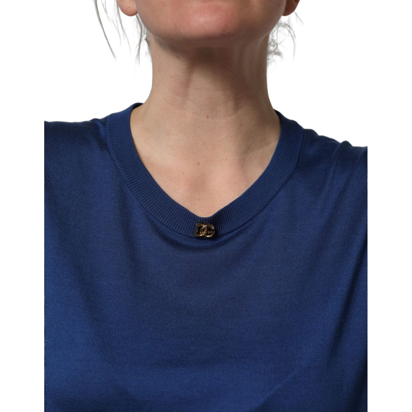 Dolce & Gabbana Blue Silk DG Logo Crew Neck Pullover Sweater