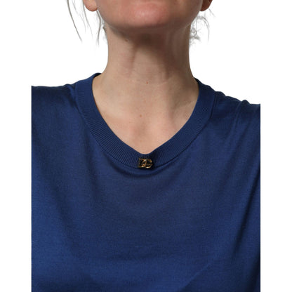 Dolce & Gabbana Blue Silk DG Logo Crew Neck Pullover Sweater
