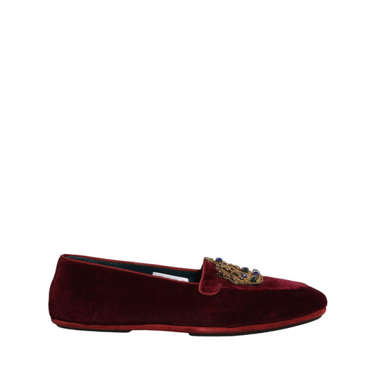 Dolce & Gabbana Burgundy Velvet Crown Slip On Loafers Shoes