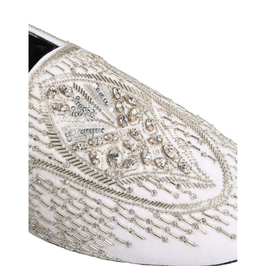 Dolce & Gabbana White Satin Embellished Dress Loafers Shoes