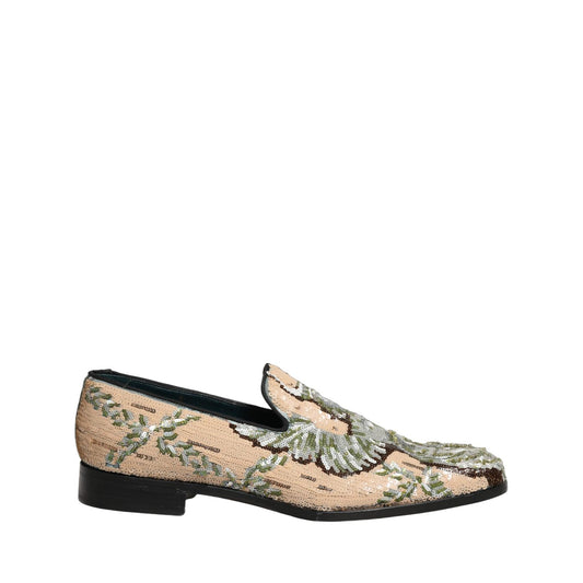 Dolce & Gabbana Beige Sequin Embroidery Dress Loafers Shoes