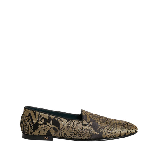 Dolce & Gabbana Gold Jacquard Leather Slip On Loafers Shoes