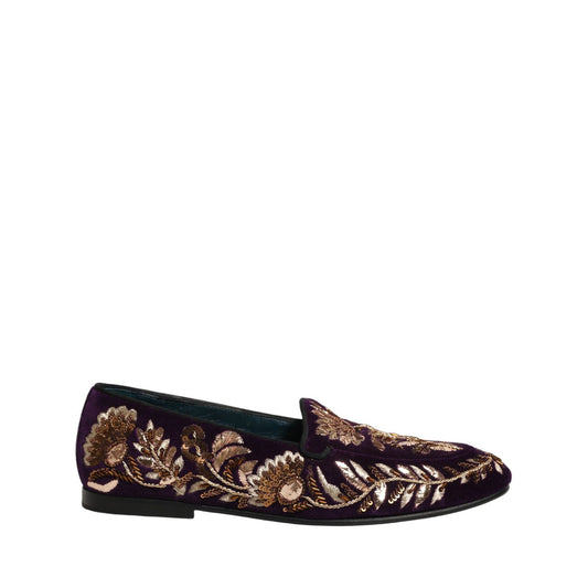 Dolce & Gabbana Violet Velvet Floral Embroidery Loafers Shoes