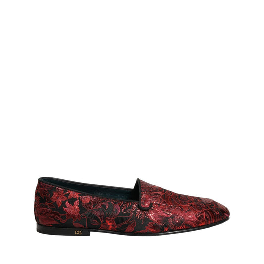 Dolce & Gabbana Red Floral Jacquard Slip On Loafers Shoes