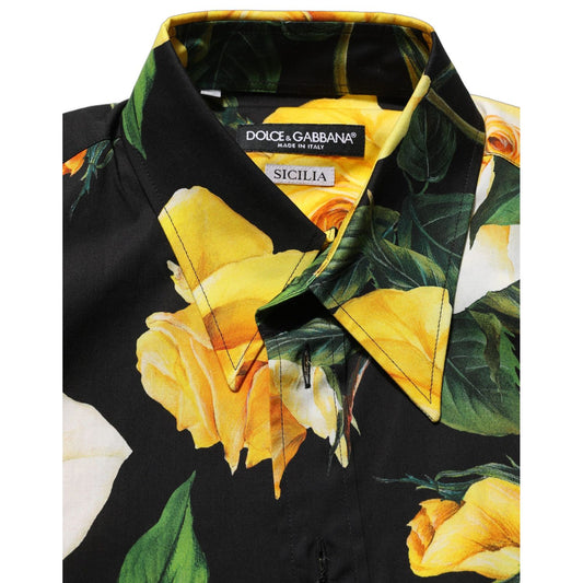 Dolce & Gabbana Black Floral Stretch Cotton SICILIA Fit Dress Shirt