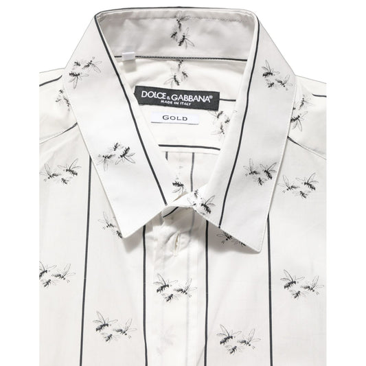 Dolce & Gabbana White Bee Print Cotton GOLD Fit Dress Shirt