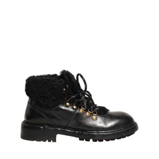 Dolce & Gabbana Black Trekking Fur Lace Leather Boots Shoes
