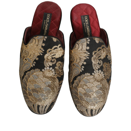 Dolce & Gabbana Black Floral Jacquard Flats Sandals Men Shoes