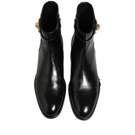 Dolce & Gabbana Black Leather Logo Buckle Mid Calf Boots Shoes