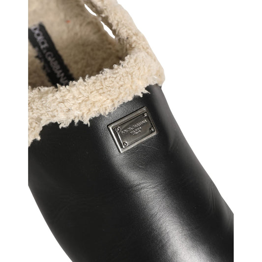 Dolce & Gabbana Beige Black Fur Shearling Slides Sandals Shoes