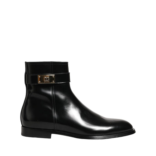 Dolce & Gabbana Black Leather Logo Buckle Mid Calf Boots Shoes