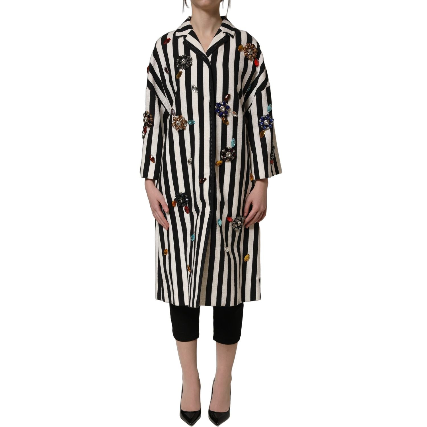 Dolce & Gabbana Black White Striped Embellished Coat Jacket