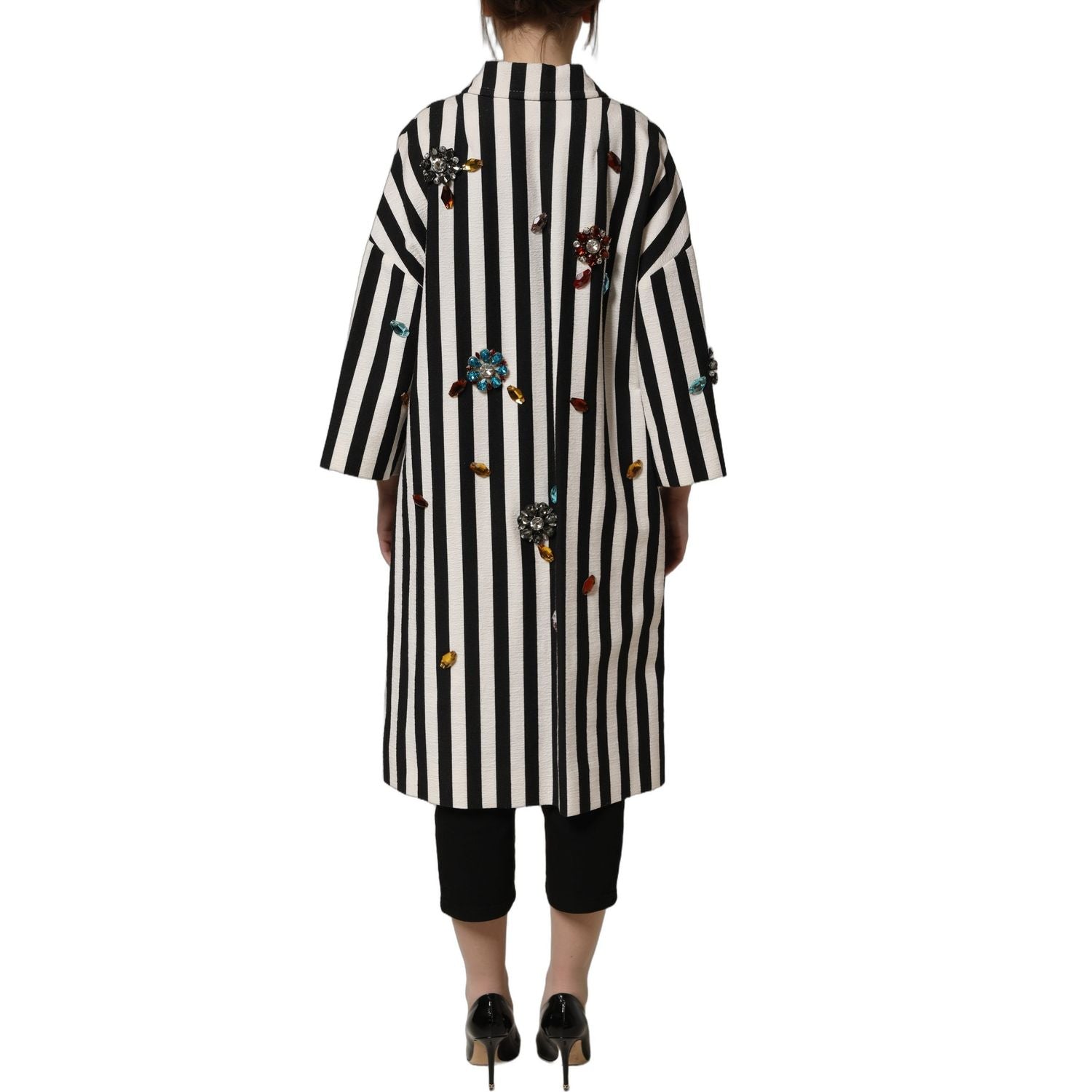 Dolce & Gabbana Black White Striped Embellished Coat Jacket