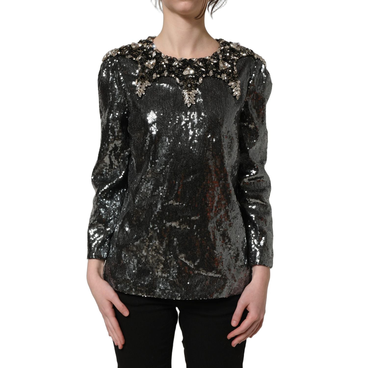 Dolce & Gabbana Metallic Gray Sequin Embellished Blouse Top