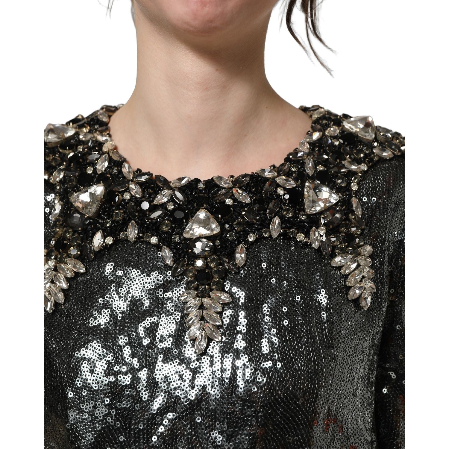 Dolce & Gabbana Metallic Gray Sequin Embellished Blouse Top