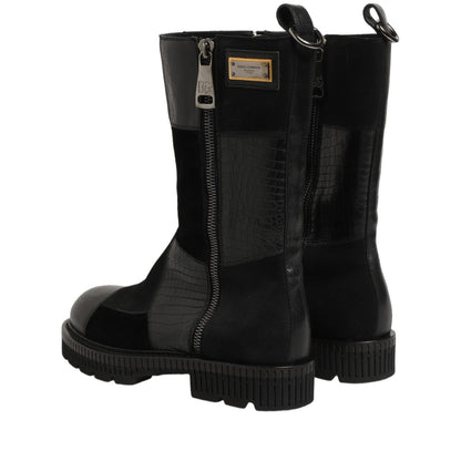 Dolce & Gabbana Black Patchwork Leather Mid Calf Boots Shoes