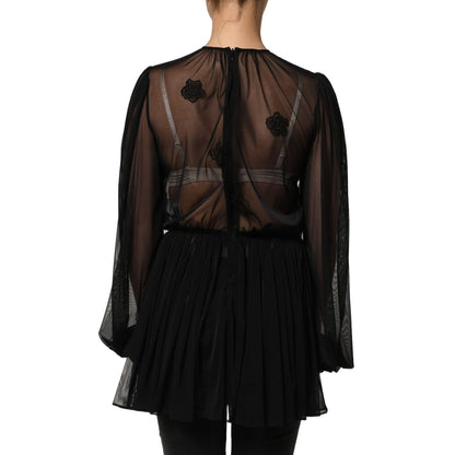 Dolce & Gabbana Black Polyester Mesh Sheer Crewneck Blouse Top