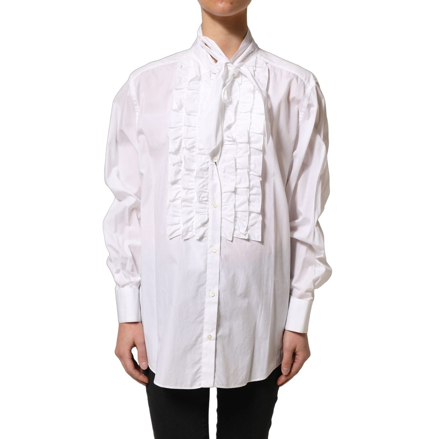 Dolce & Gabbana White Ruffled Bib Long Sleeves Blouse Top