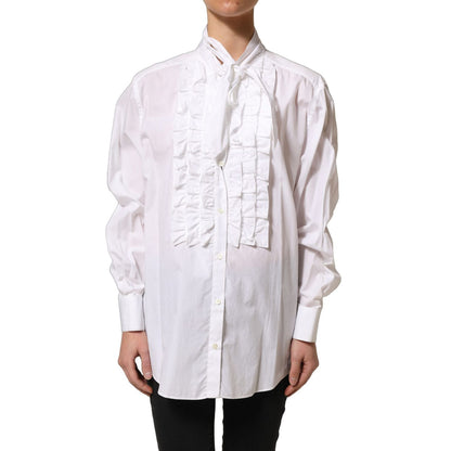 Dolce & Gabbana White Ruffled Bib Long Sleeves Blouse Top