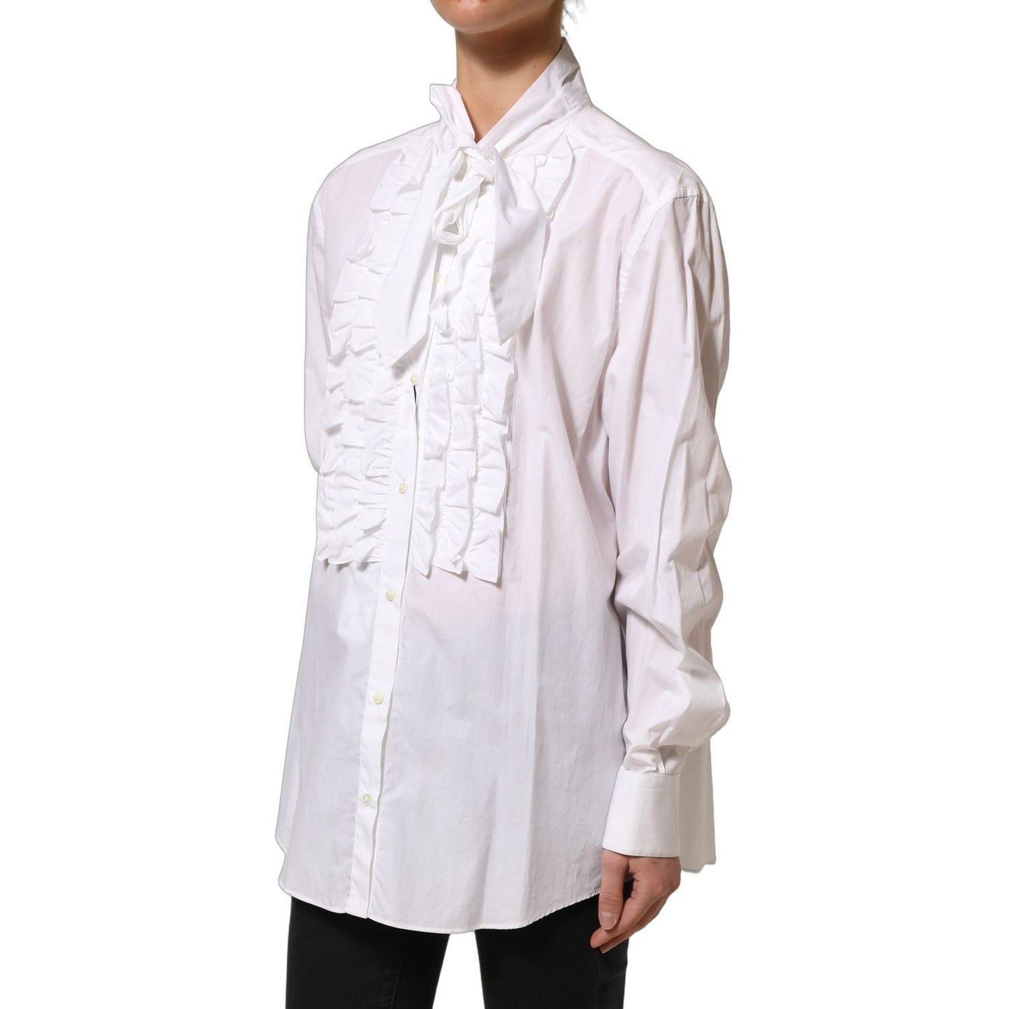 Dolce & Gabbana White Ruffled Bib Long Sleeves Blouse Top