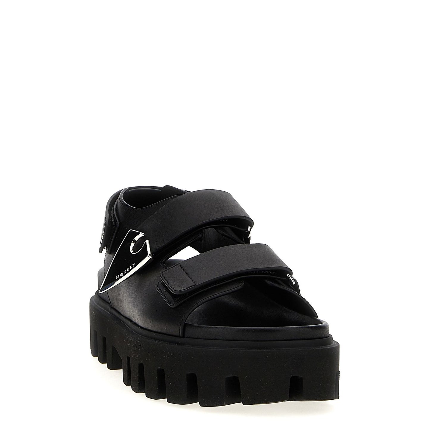 Alexander McQueen Black Calf Leather Bos Taurus Flat Sandals