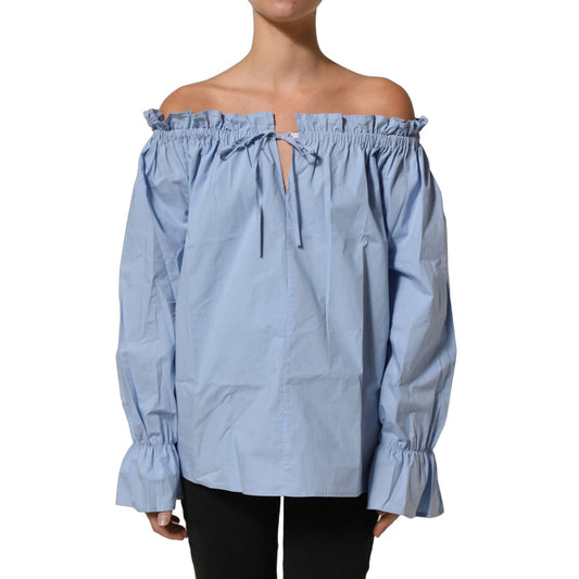 L'Autre Chose Light Blue Cotton Off Shoulder Long Sleeves Top