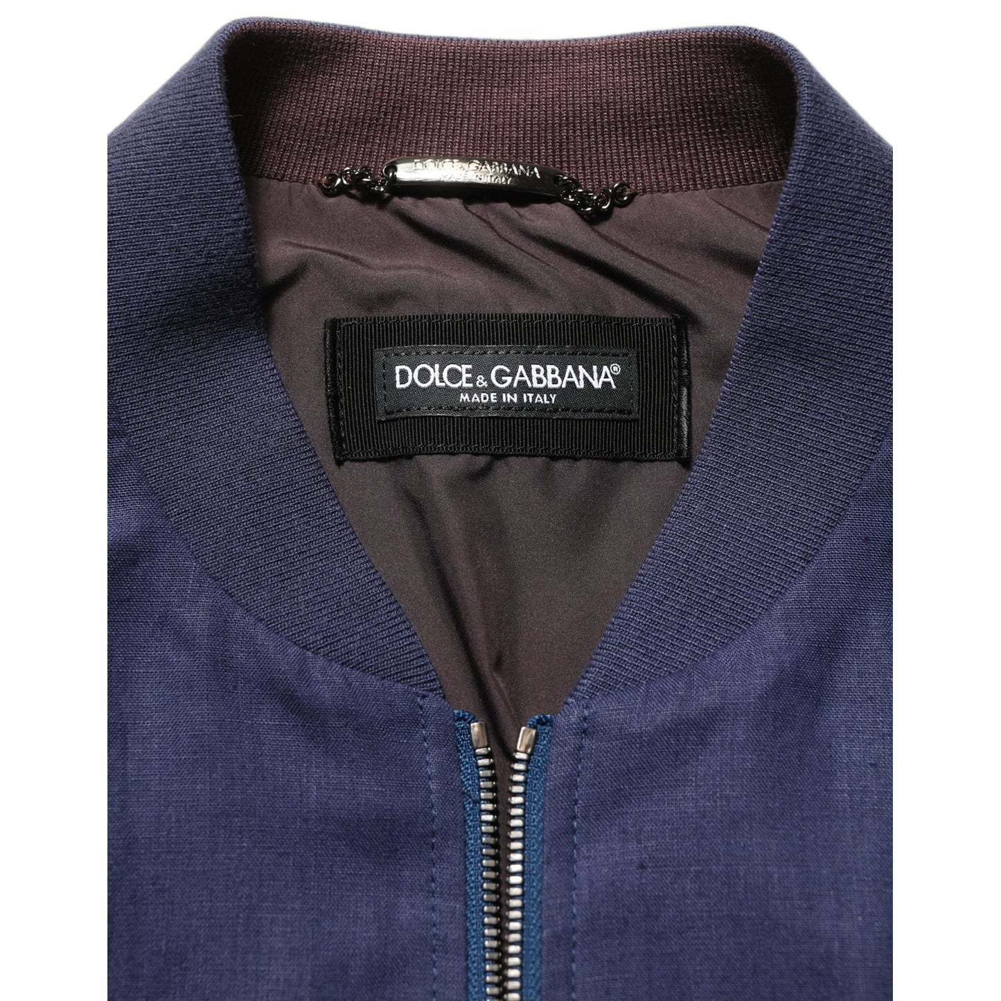 Dolce & Gabbana Blue Linen Full Zip Men Bomber Jacket
