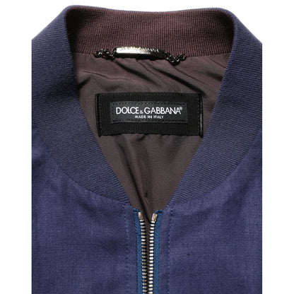 Dolce & Gabbana Blue Linen Full Zip Men Bomber Jacket