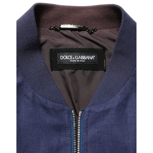 Dolce & Gabbana Blue Linen Full Zip Men Bomber Jacket