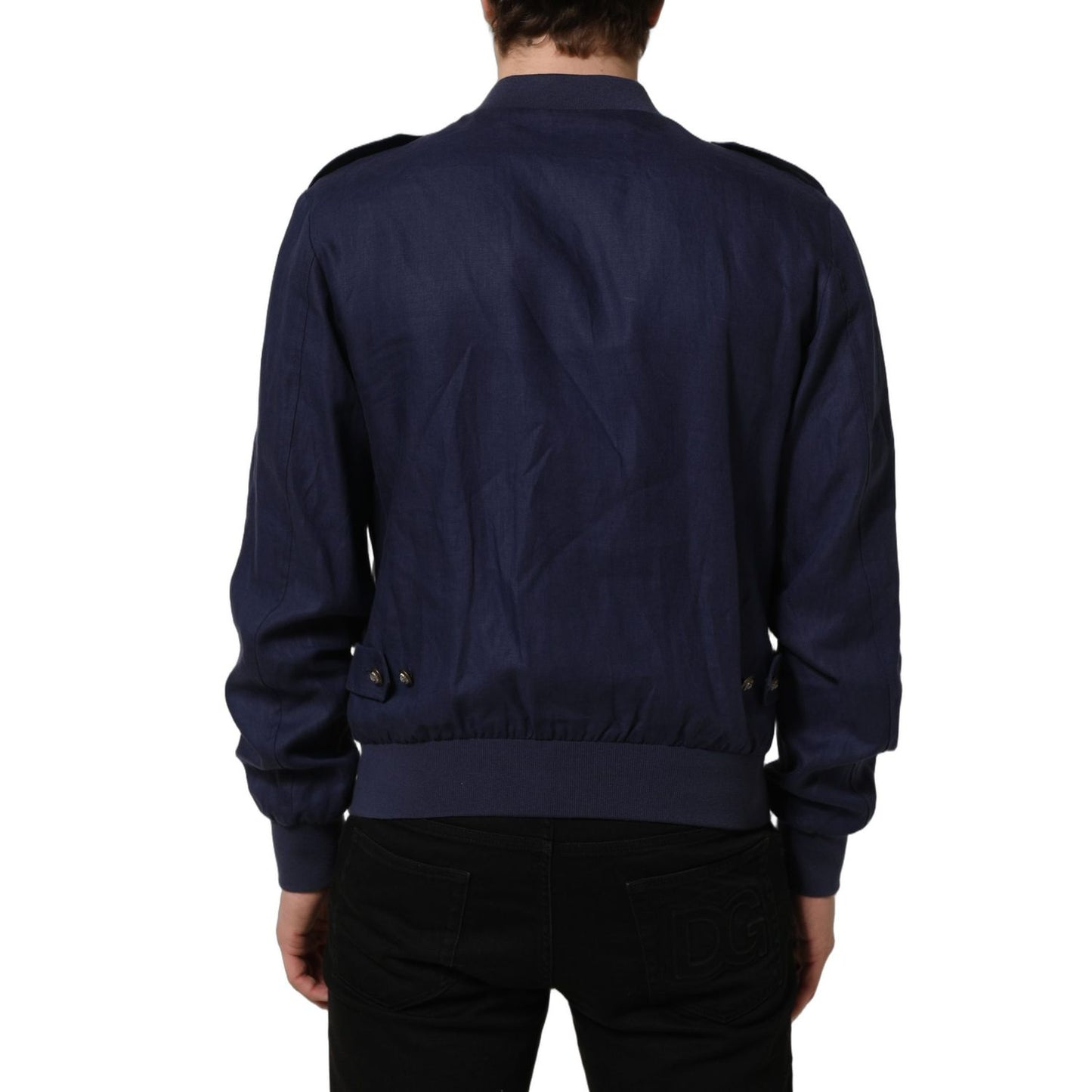 Dolce & Gabbana Blue Linen Full Zip Men Bomber Jacket