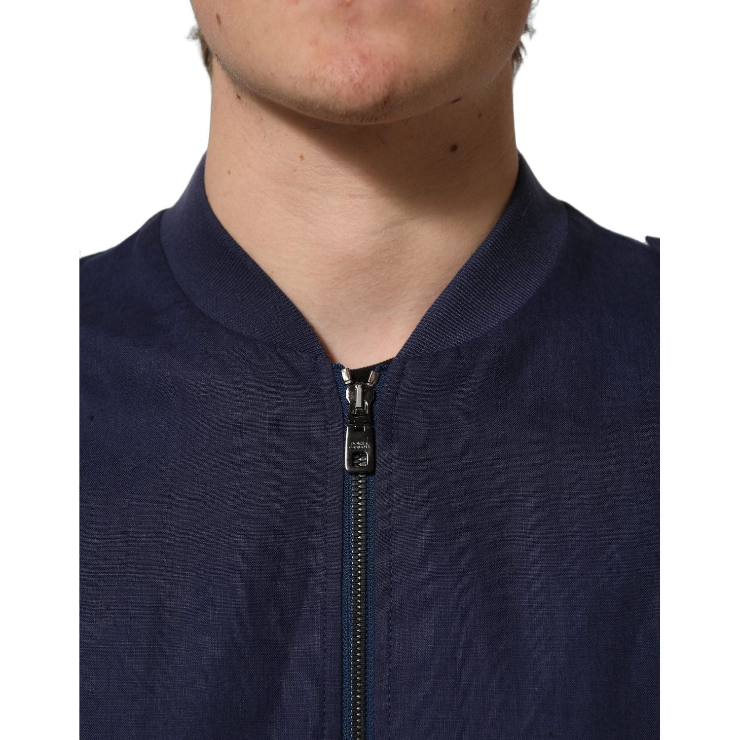 Dolce & Gabbana Blue Linen Full Zip Men Bomber Jacket
