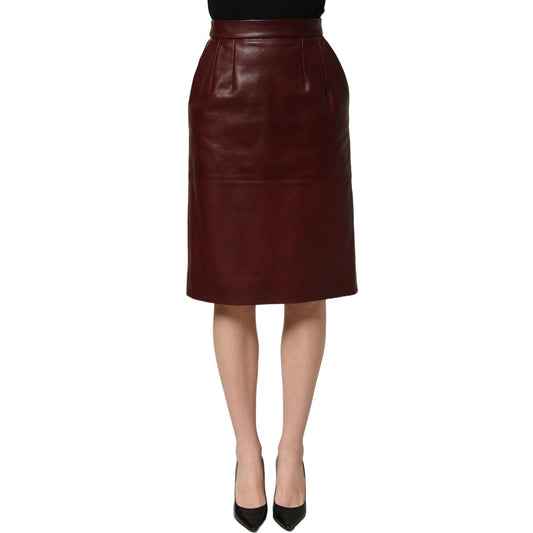Dolce & Gabbana Burgundy Leather High Waist Pencil Midi Skirt