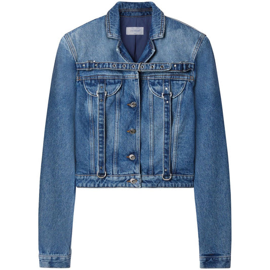 Off White Crop Denim Jacket With Belt Jackets