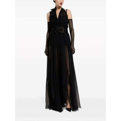Dolce & Gabbana Long silk chiffon dress with floral appliqué Dresses