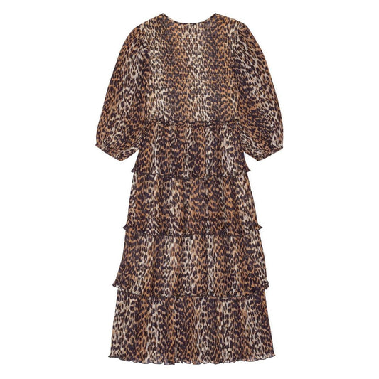 Ganni Leopard Pleated Georgette Flounce Smock Midi Dress F8830859