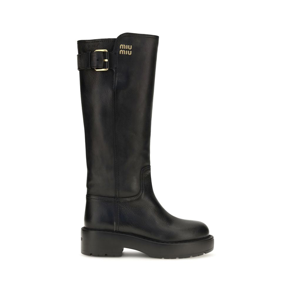 Miu Miu Black Calf Leather Bos Taurus Flat Boots