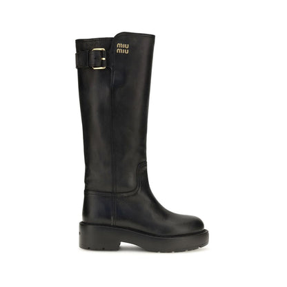 Miu Miu Black Calf Leather Bos Taurus Flat Boots