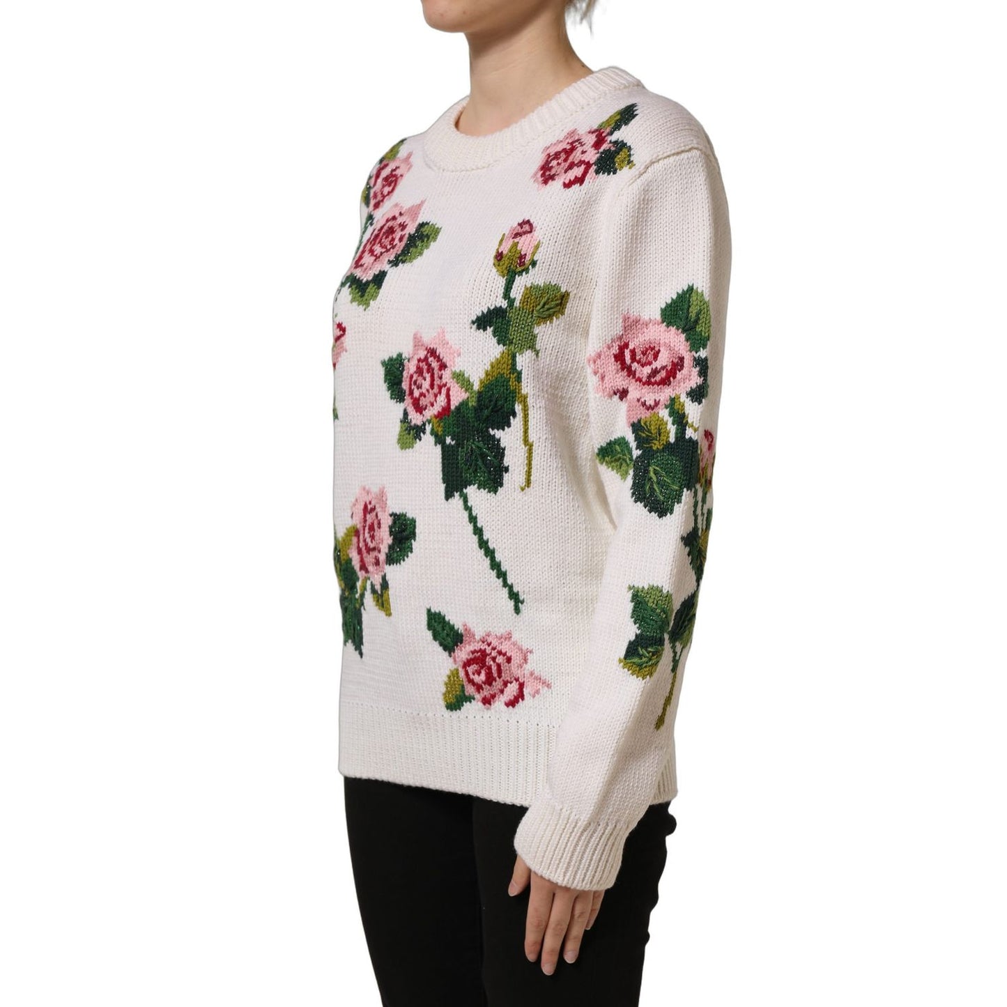 Dolce & Gabbana White Wool Floral Crew Neck Pullover Sweater
