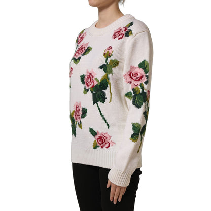 Dolce & Gabbana White Wool Floral Crew Neck Pullover Sweater