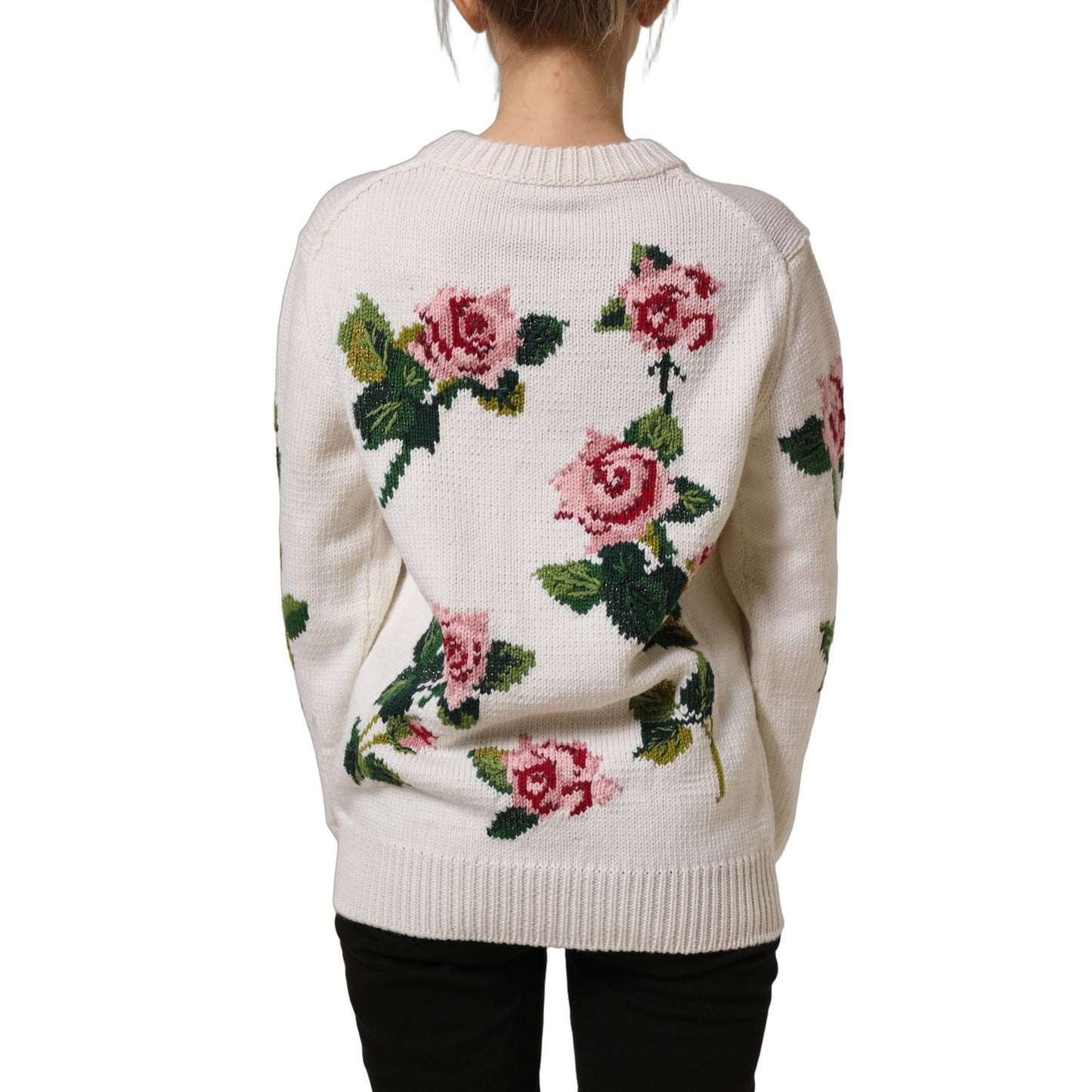 Dolce & Gabbana White Wool Floral Crew Neck Pullover Sweater