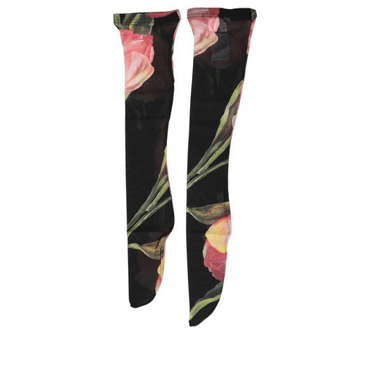 Dolce & Gabbana Black Pink Floral Tulip Nylon Stockings Socks